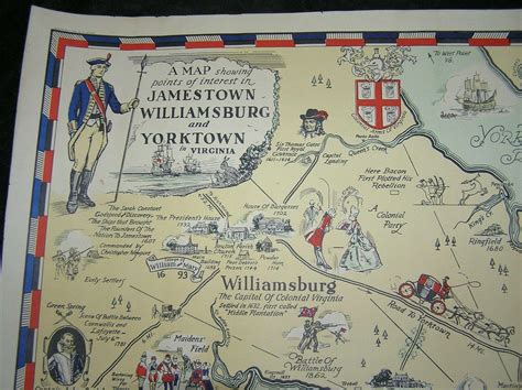 Original 1930 Pictorial Map Of Jamestown Williamsburg And Yorktown