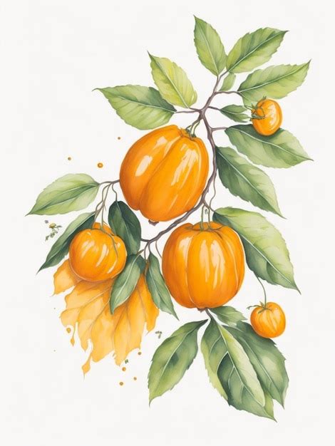 Premium Ai Image Watercolor Beautiful Orange Fruit With Leaves