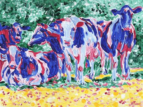 Herd of cows painting farm animal original art colorful impasto oil ...