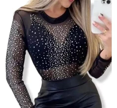 Body Tule Preto Pedraria Feminino Manga Longa Transparente