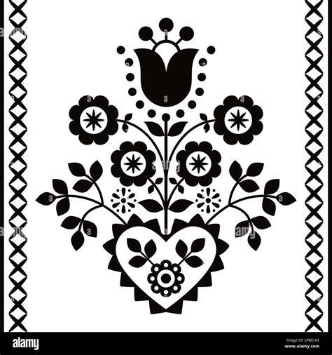 Polish Floral Folk Art Vector Black And White Design From Nowy Sacz In