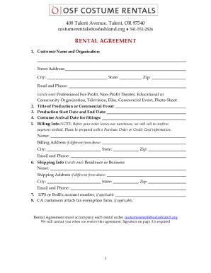 Form Or Osf Costume Rentals Rental Agreement Fill Online