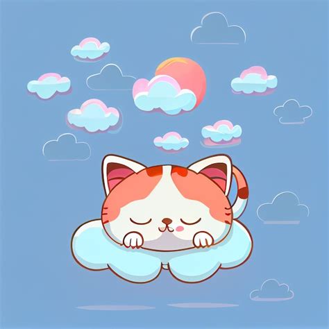 Gato De Dibujos Animados Durmiendo En Una Nube Con Un Sol En El Fondo