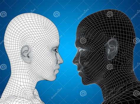 Conceptual 3d Wireframe Or Mesh Human Male And Female Head Stock