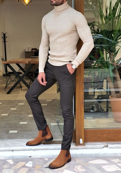 Gentwith Sparks Slim Fit Turtleneck Knitted Sweater Beige Mens Fall Outfits Sweater Outfits