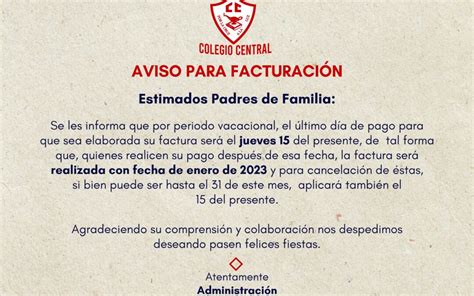 Aviso para facturación Colegio Central