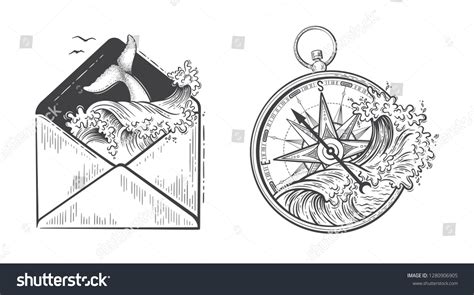 Ocean Graphic Vector Illustration Compass Waves Stock Vector Royalty Free 1280906905