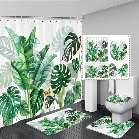 Tropical Plant Leaves Shower Curtain Set Watercolour Green Gold Palm