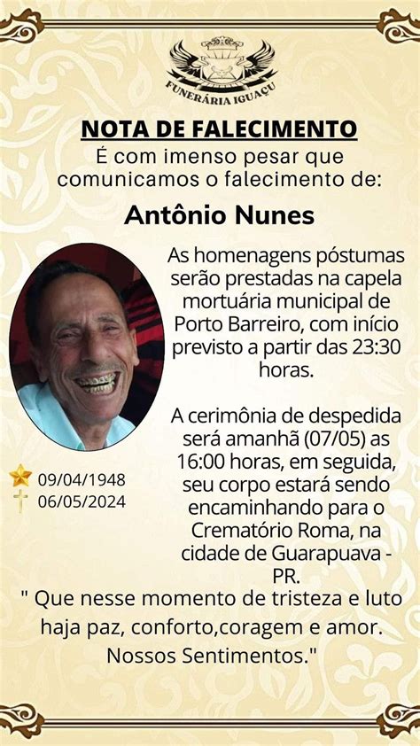 Pesar Que Noticiamos O Falecimento Do Sr Ant Nio Nunes Cantu Em