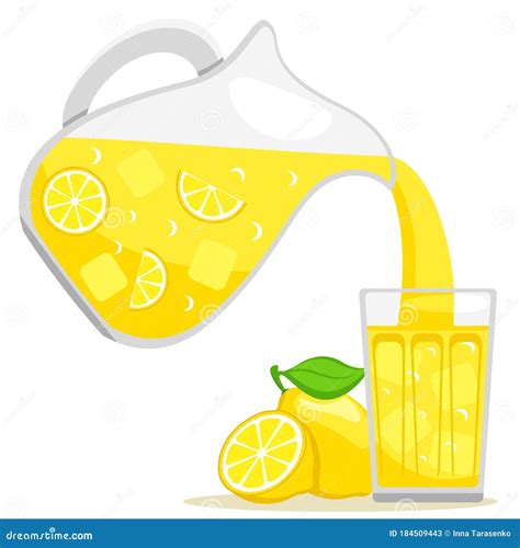 Pitcher Lemonade Is Pouring Into A Glass Lemon Slices Ice Stock