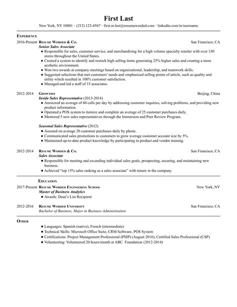 Senior Sales Associate Resume Example For Resume Worded