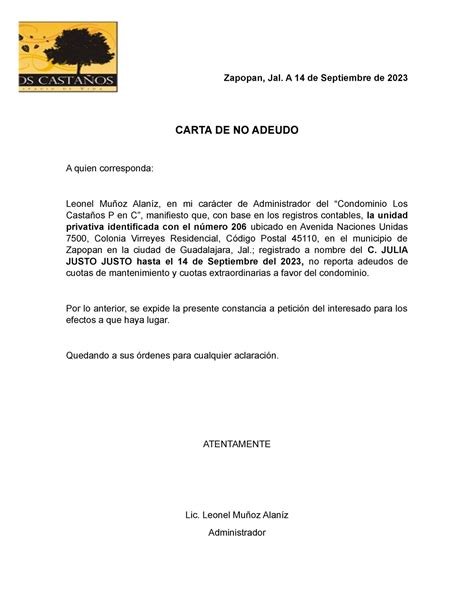 Carta De No Adeudo Instrumento Para Condominios Zapopan Jal A