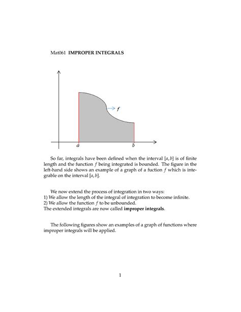 Improper Integrals Lecture Notes 2 Mat061 Improper Integrals So Far