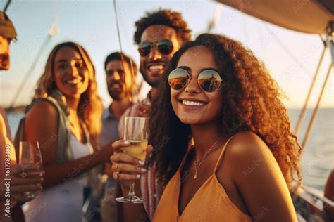 Group Of Diverse Friends Drink Champagne While Having A Party In Yacht