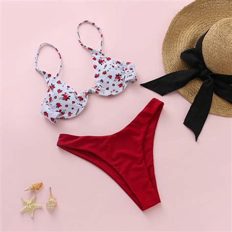 V Bar Underwired Bikini Female Swimsuit Floral Print Women Swimwear Two