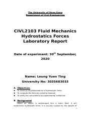 Simple Hydrostatic Forces Lab Report Docx The University Of Hong Kong