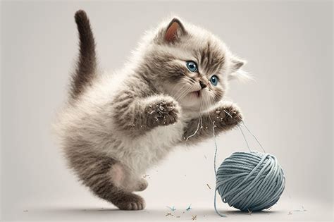 Gatito jugando con bola de hilo saltando y abalanzándose sobre ella