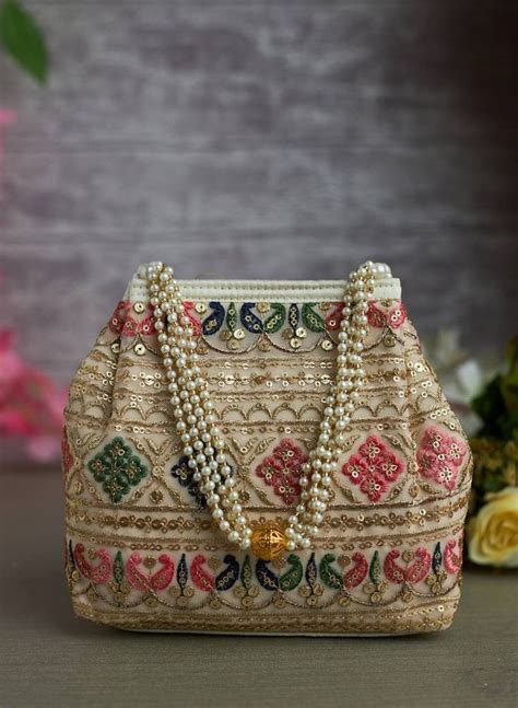 Buy Gold Zardozi Bridal Potli Bag With Threadwork Pearl Handle Sequin