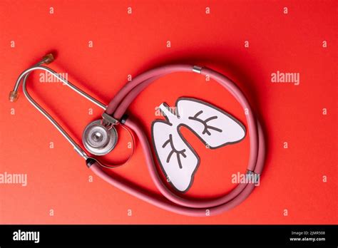 Overhead View Of White Paper Lungs With Pink Stethoscope Against Red