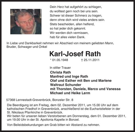 Traueranzeigen Von Karl Josef Rath Trauer In NRW De