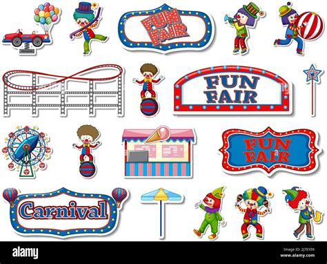 Sticker Set Of Amusement Park And Fun Fair Objects Illustration Stock