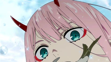 Darling In The Franxx Zero Two Hiro Closeup Of Zero Two With Green Eyes