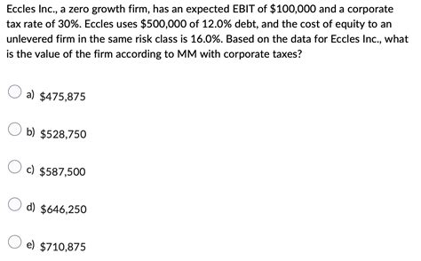 Solved Eccles Inc A Zero Growth Firm Has An Expected EBIT Chegg