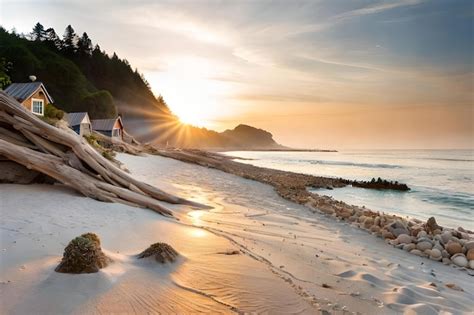 Premium AI Image | A beach house on a cliff with the sun setting behind it.