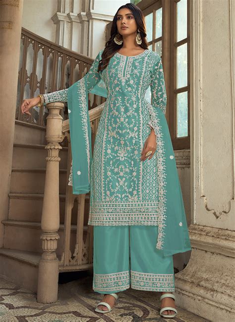 buy firozi blue embroidery pakistani pant style suit  hatkay