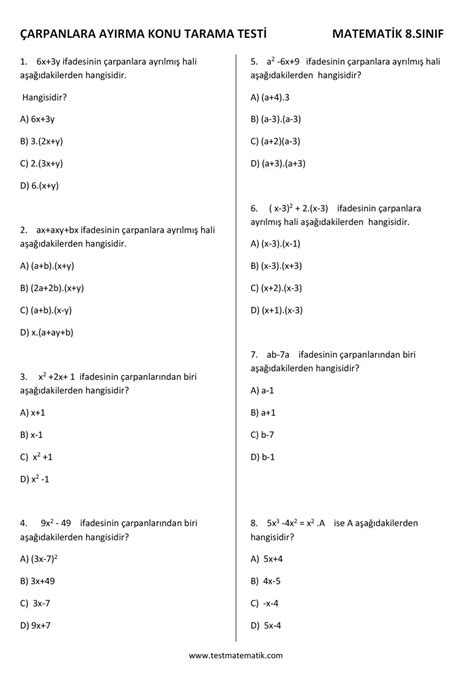 Sinif Arpanlara Ayirma Konu Tarama Test Test Matematik