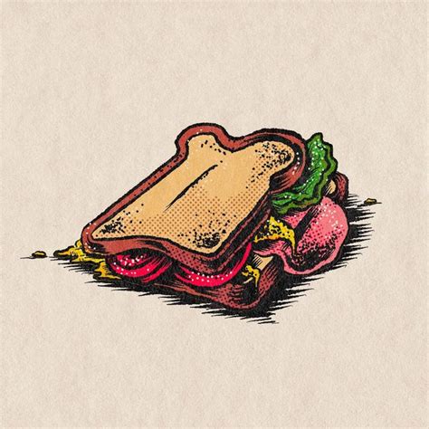 a drawing of a sandwich with lettuce, tomato and cheese on the side