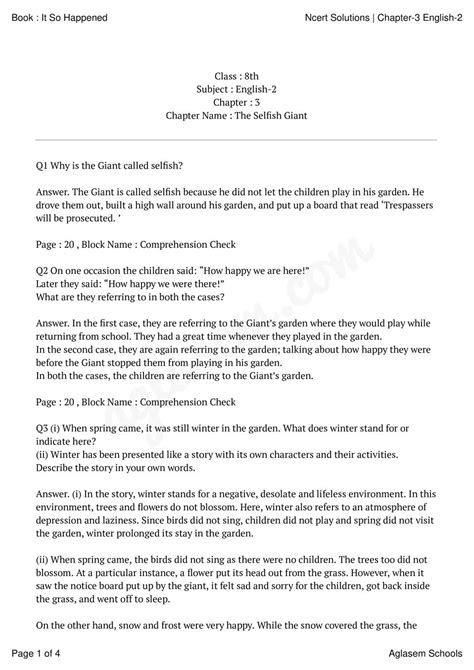 Ncert Solutions Class 8 English It So Happened Chapter 3 The Selfish Giant