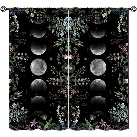 Moon Phase Curtains Mysterious Starry With Wildflower Plant Vintage