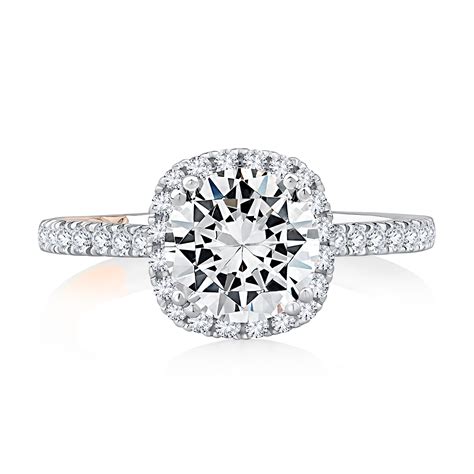 Cushion Shaped Halo Round Center Diamond Engagement Ring With Pave Band