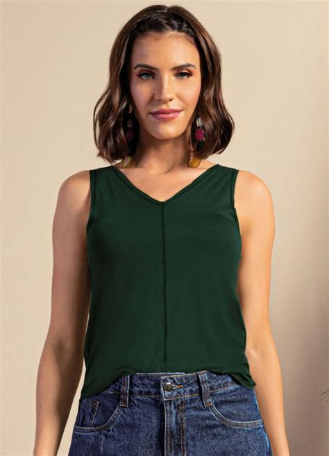 Blusa Regata Verde Folha Decote V Quintess