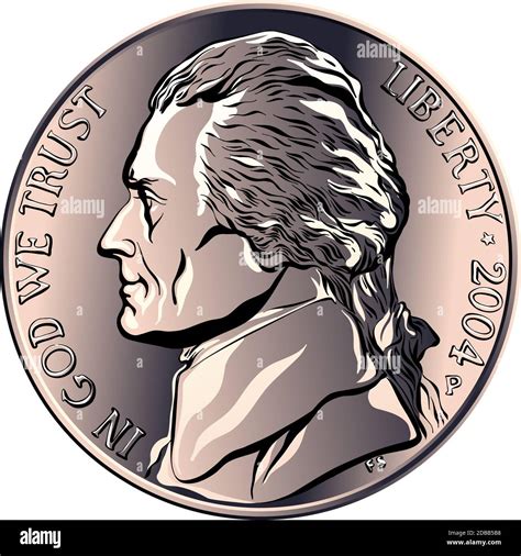 Nickel, American money, United States five-cent coin with profile Thomas Jefferson, third ...