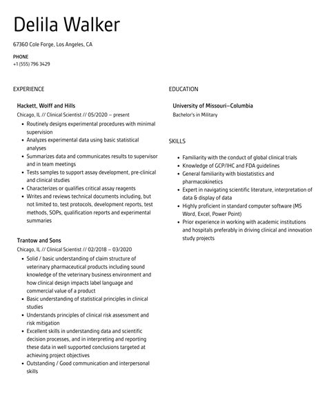 Clinical Scientist Resume Samples | Velvet Jobs