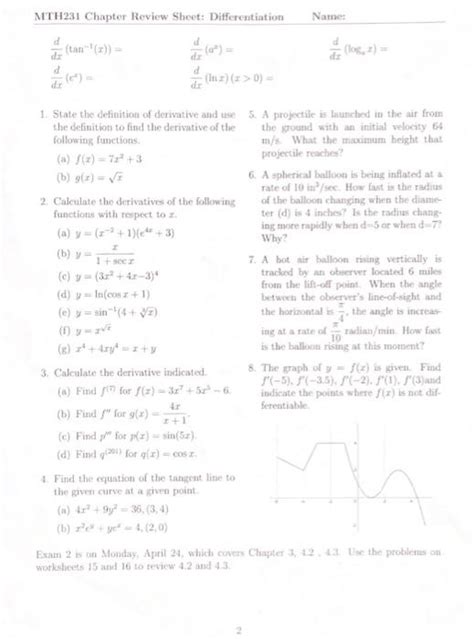 Solved Mth Chapter Review Sheet Differentiation Name Chegg