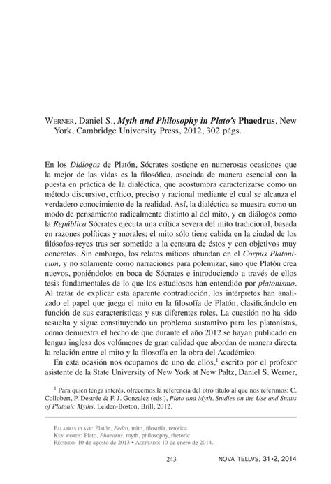 Pdf Werner Daniel S Myth And Philosophy In Platos Phaedrus