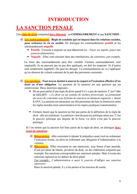 Droit DE LA Peine INTRODUCTION LA SANCTION PENALE Une règle de droit