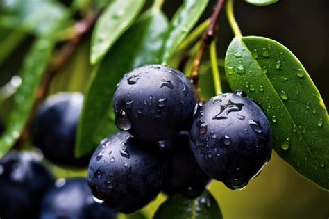 Azeitonas pretas maduras na árvore folhas verdes e gotas de água em