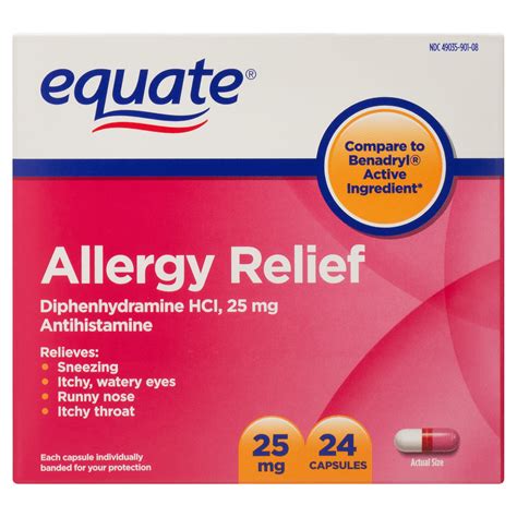 Equate Diphenhydramine Allergy Relief Capsules 25 Mg 24 Count