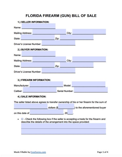 Printable Firearm Bill Of Sale Florida Printable Templates