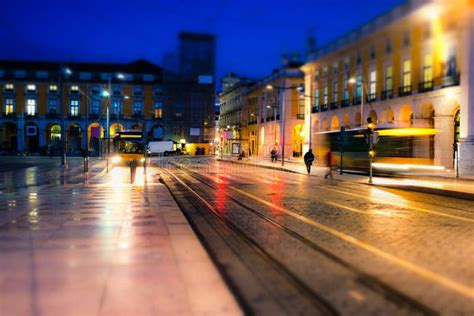 Old European City Street and Night Traffic Light Stock Photo - Image of ...