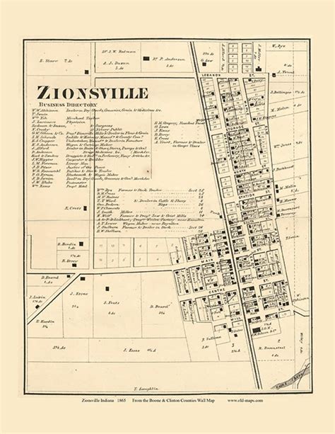 Zionsville 1865 Old Town Map With Homeowner Names Indiana Reprint Genealogy Boone County IN TM ...