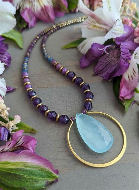 Beaded Chalcedony Necklace In Gold Aqua Chalcedony Etsy Purple Bead