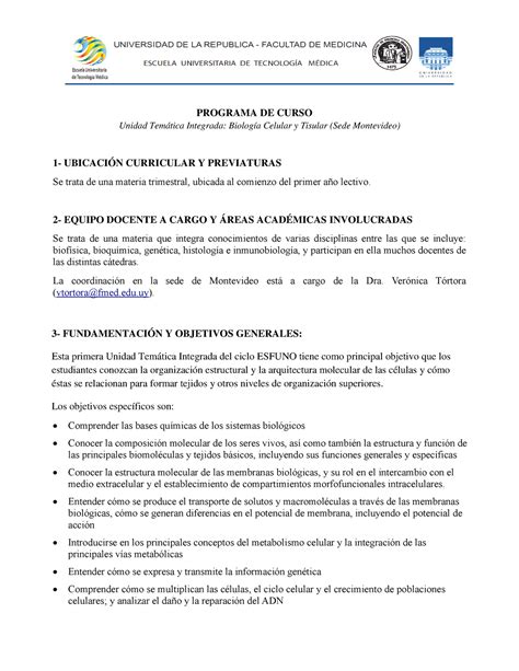 Programa de Biología Celular y Tisular 2023 EUTM Montevideo