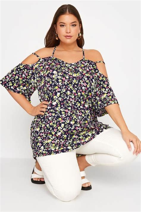 Plus Size Black Floral Strappy Cold Shoulder Top Yours Clothing