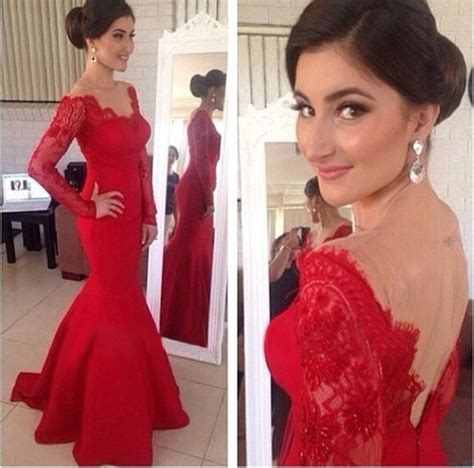 Mermaid Long Sleeves Red Lace Eveni Long Sleeve Mermaid Prom Dress