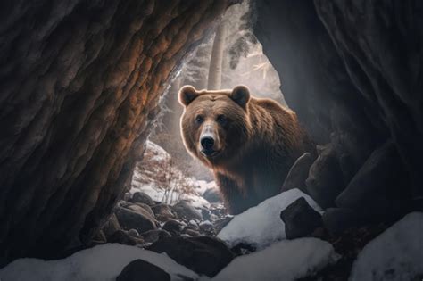 Ein großer braunbär schaut im winter in eine höhle oder seinen bau